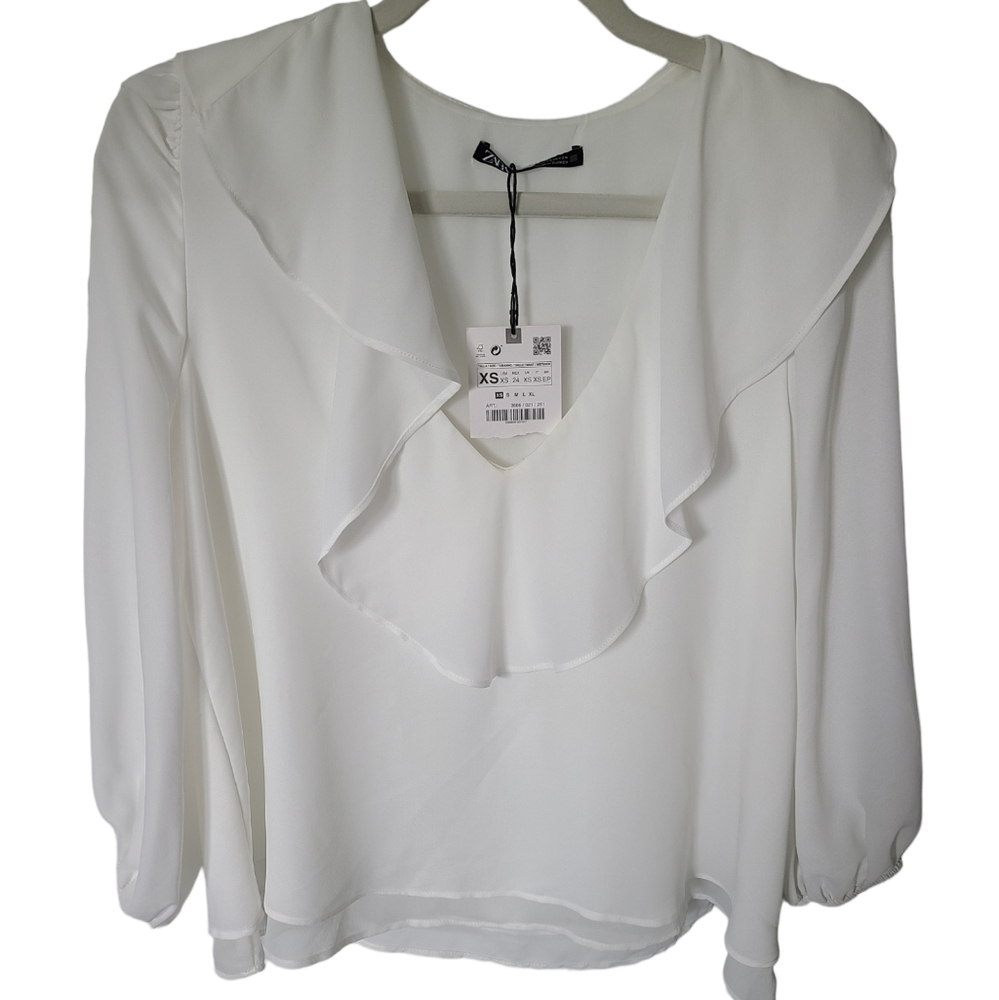 ZARA White Ruffled Collar 3/4 Sleeve Sheer Blouse Size XS NWT